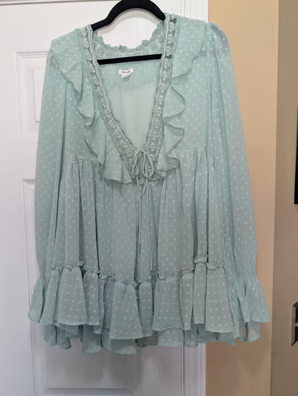 Kimchi Blue Babydoll Seafoam Green Ruffle Beaded Blouse Bell Sleeve UO Swiss Dot